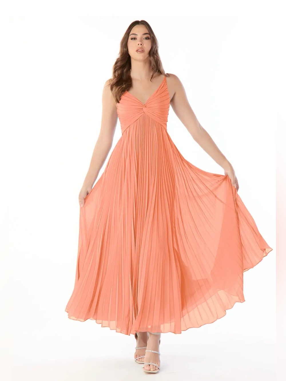 Azazie Coral Pleated Maxi Dress with V-Neck & Spaghetti Straps